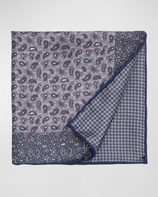 Brioni Blue Paisley-Print Reversible Silk Pocket Square for men