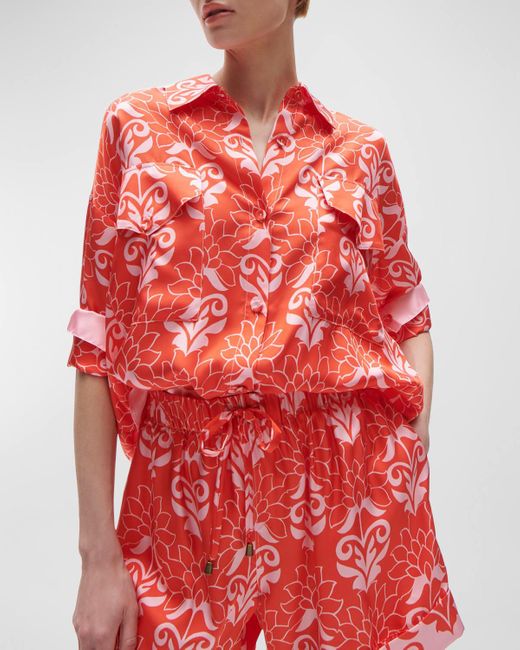 Figue Red Francis Printed Silk Button-front Top