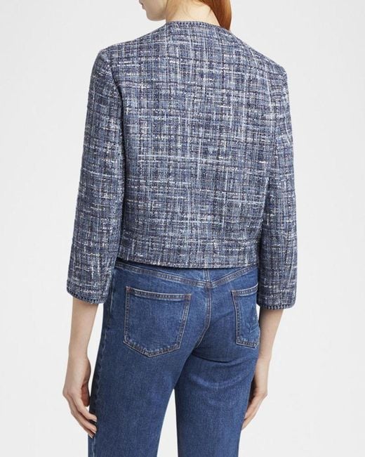 Etro Blue Single-Breasted Tweed Crop Jacket