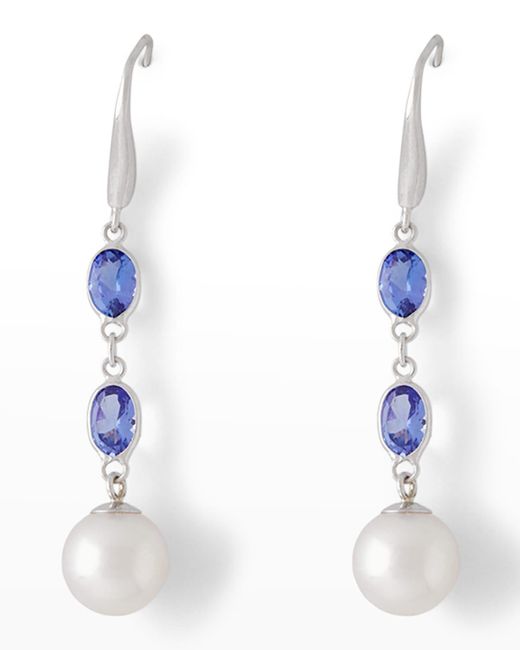 Pearls By Shari 18k White Gold 8.5mm Akoya Pearl And Tanzanite Drop Earrings