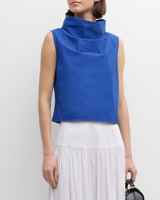 Natori Blue Sleeveless Funnel-neck Cotton Poplin Shirt