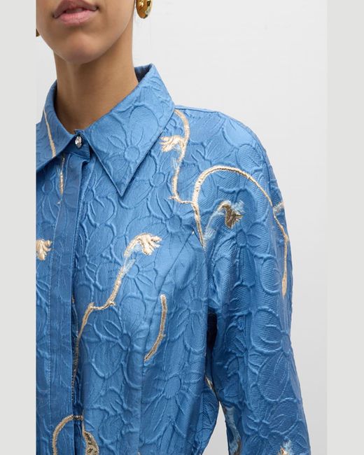 Teri Jon Blue A-Line Metallic Jacquard Shirt Gown