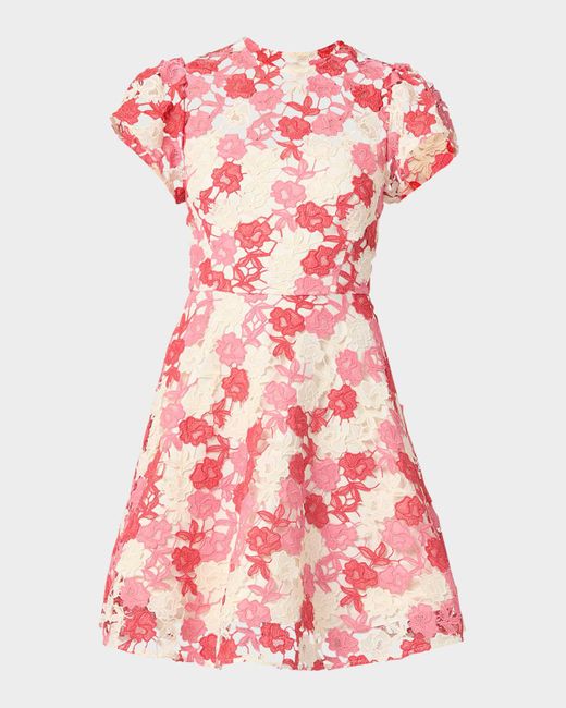 Shoshanna Pink Everlie Puff-Sleeve Floral Lace Mini Dress