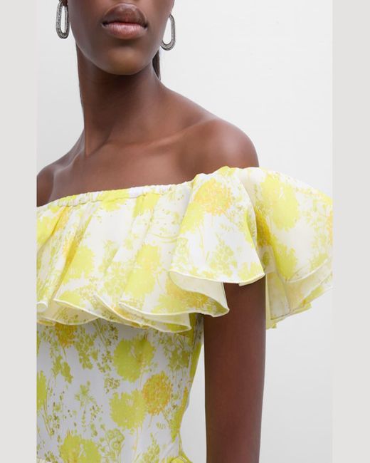 Giambattista Valli Metallic Floral-Print Ruffle Off-The-Shoulder Silk Georgette High-Low Dress