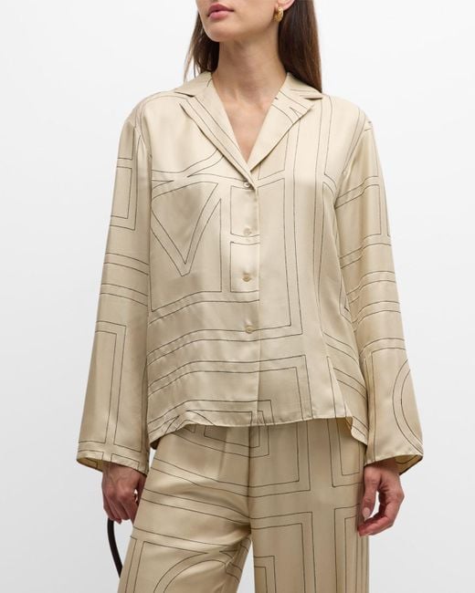 Totême  Natural Monogram-Embroidered Silk Pajama Top