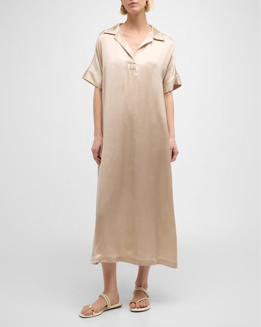Eleventy Natural Short-Sleeve Silk Midi Shift Dress
