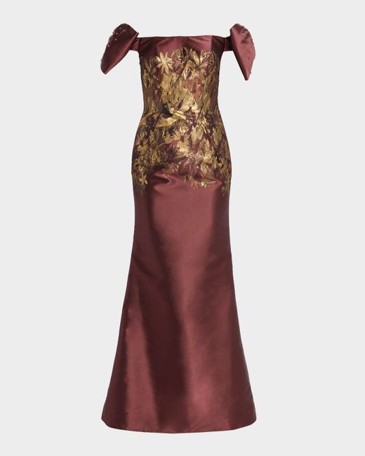 Jovani Red Off-The-Shoulder Jacquard Gown