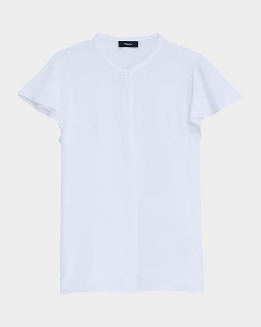 Theory White Ruffle-Sleeve Silk Button-Front Top