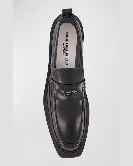 Karl Lagerfeld Black Mixed Leather Logo Lug-Sole Penny Loafers for men