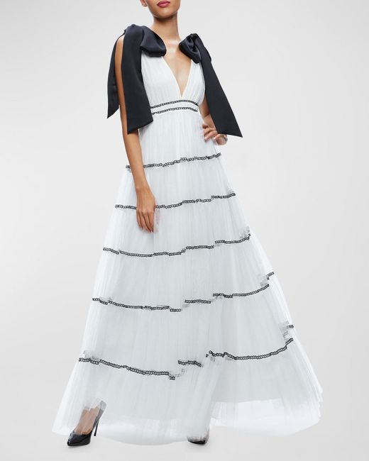 Alice + Olivia White Jessalynn Bow Strap Tiered Maxi Gown
