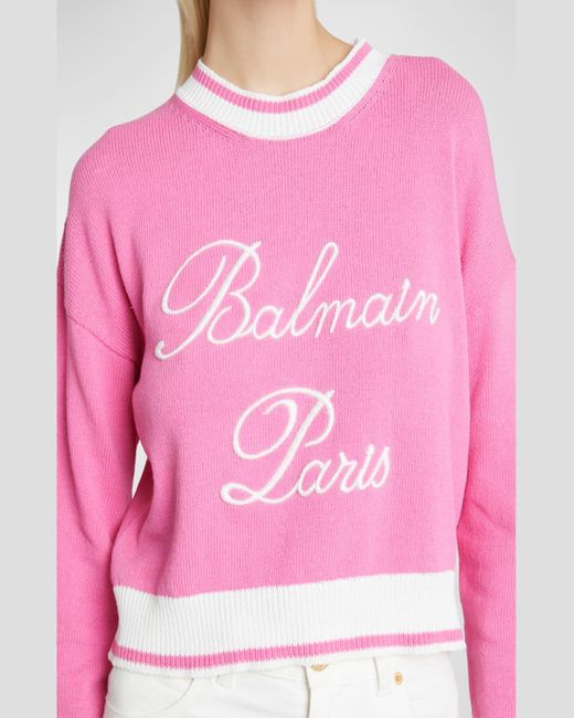 Balmain Pink Cropped Knit Sweater With Logo Detail