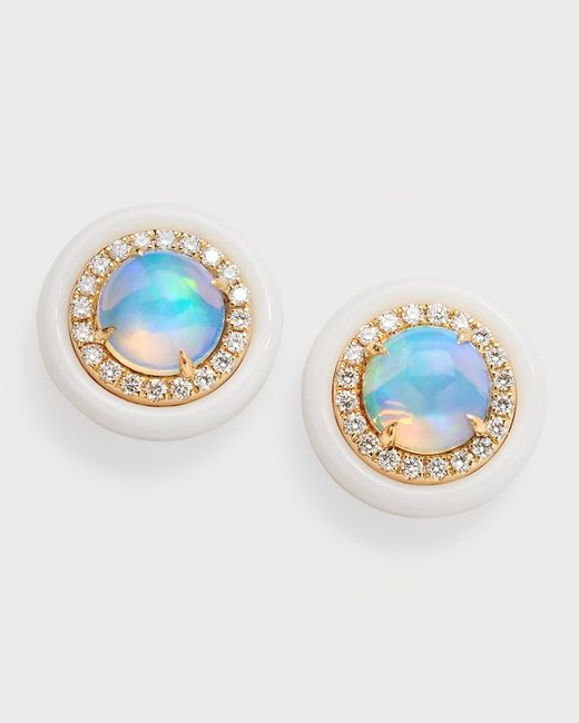 David Kord Blue 18k Yellow Gold Stud Earrings With Opal Rounds, Diamonds And White Frame, 2.31tcw