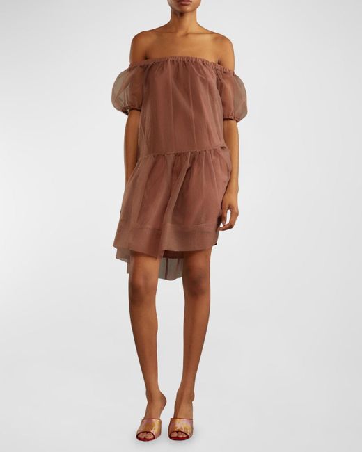 Cynthia Rowley Brown Off-Shoulder Puff-Sleeve Organza Midi Dress