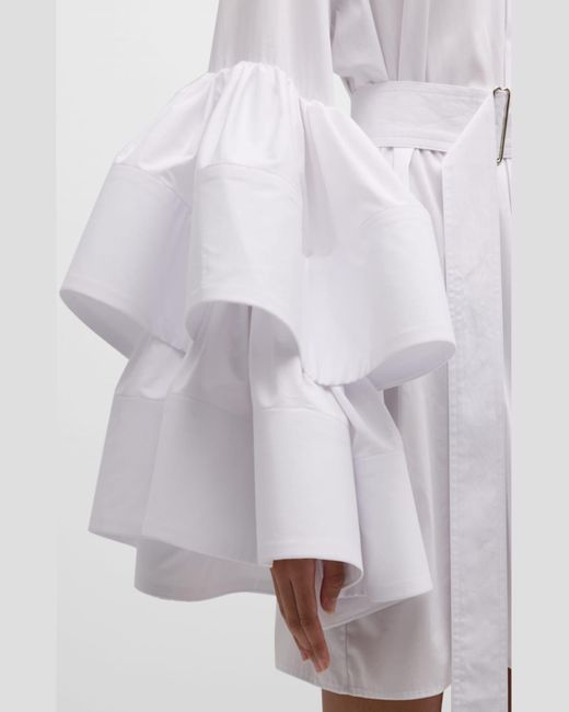Christopher John Rogers White Belted Mini Shirtdress With Jumbo Ruffle Sleeves