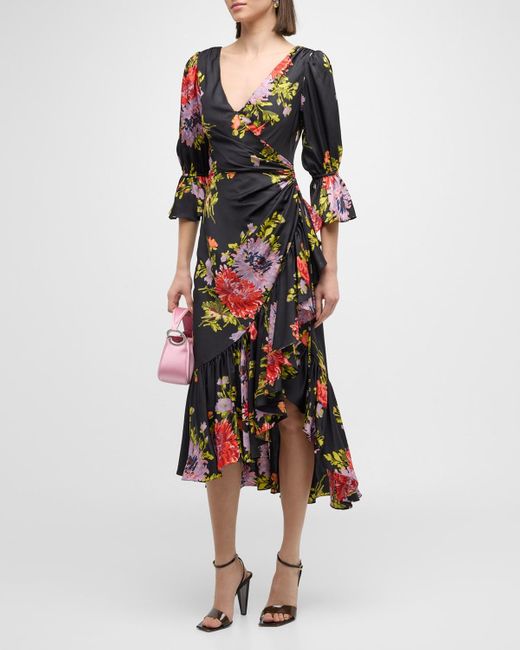 Cinq À Sept Multicolor Theda Chrysanthemum-Print Faux-Wrap Midi Dress