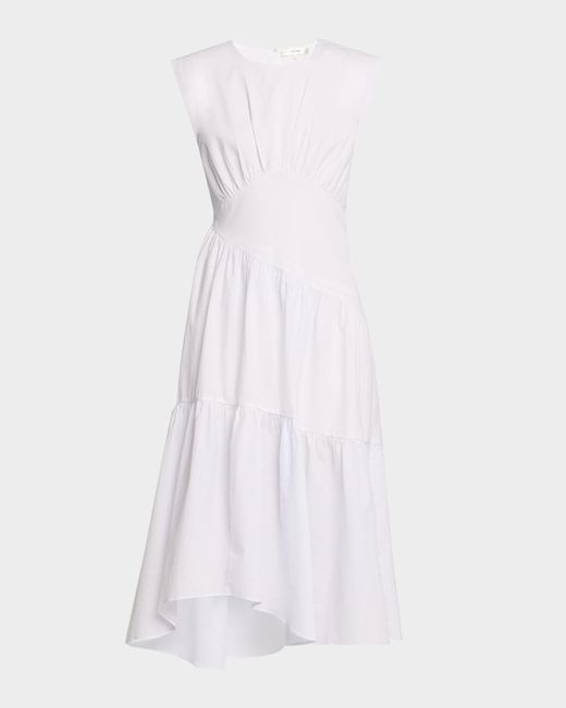FRAME White The Seersucker Gathered Seam Midi Dress