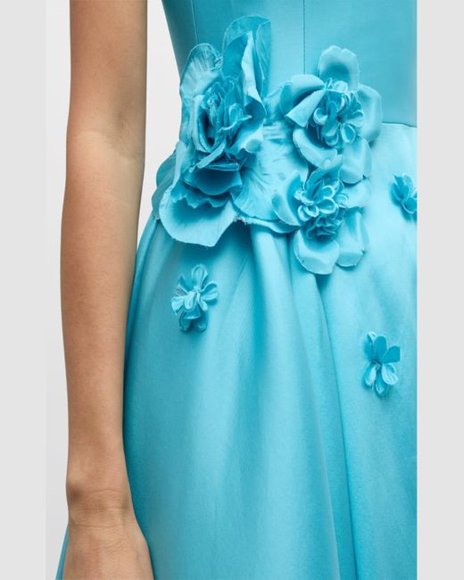 Pamella Roland Blue Floral-Applique Mikado Slit-Hem Strapless Ball Gown