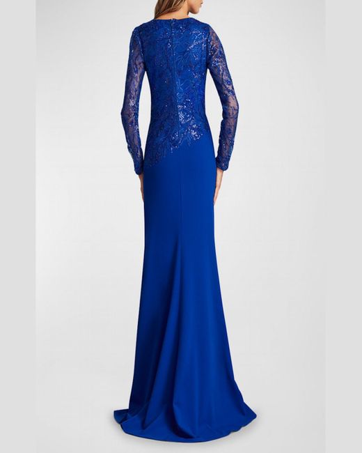 Tadashi Shoji Blue A-Line Sequin Lace & Crepe Gown