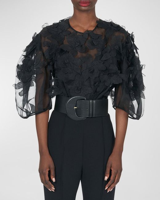 Carolina Herrera Black Floral Embroidered Puff-Sleeve Sheer Top