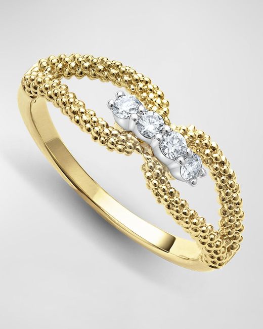 Lagos Metallic 18k Gold Superfine Caviar Beading And Diamond Ring, Size 7