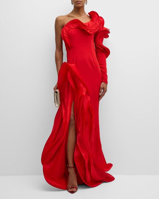 Gaurav Gupta Red Ruffle One-Shoulder Side-Slit Evening Gown