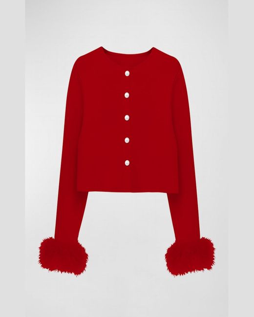 Sleeper Red Cropped Feather-Trim Cardigan