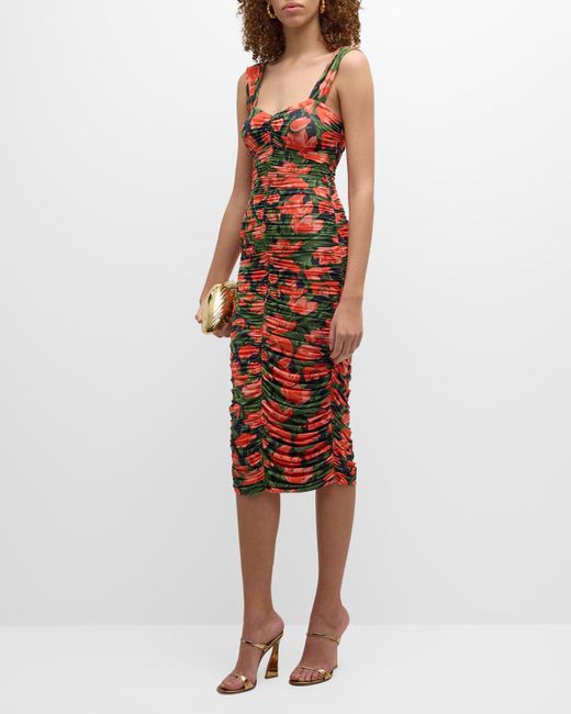 Carolina Herrera Multicolor Floral-Print Ruched Midi Dress