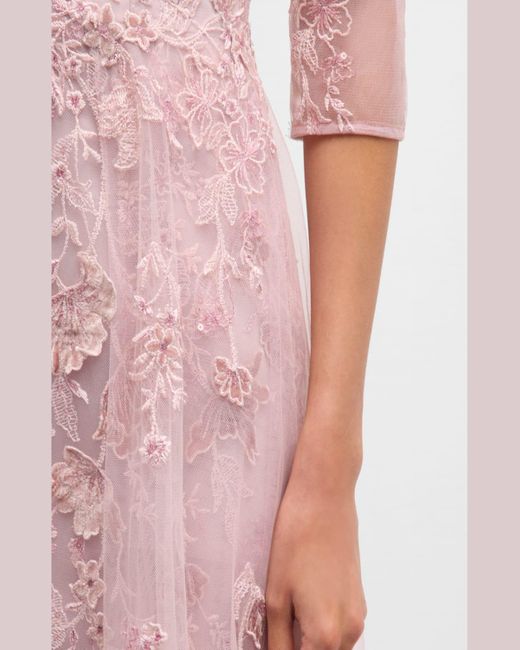 Teri Jon Pink Sequin Floral-Embroidered A-Line Tulle Gown