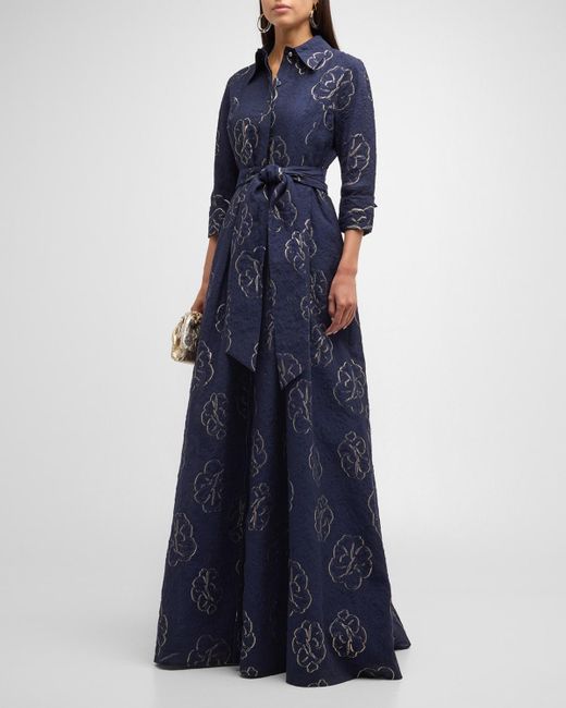 Teri Jon Blue Pleated Metallic Floral Jacquard Shirt Gown