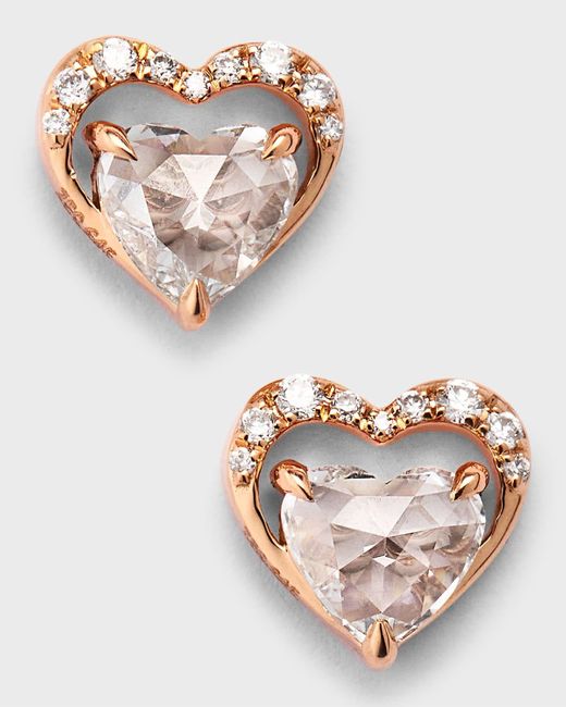 64 Facets White 18k Rose Gold Heart Diamond Stud Earrings