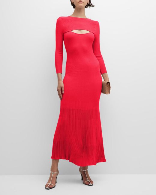 Emporio Armani Red Ribbed Cutout 3/4-sleeve Maxi Dress