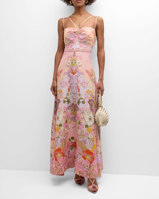 Camilla Pink Strappy Folkart Floral Linen Midi Dress