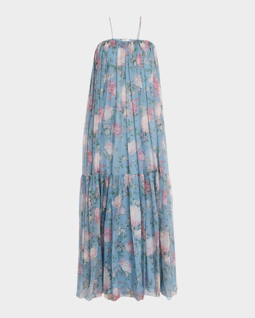 Chloé Blue Long Floral Print Tiered Silk Dress