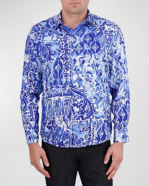 Robert Graham Blue Printed Silk Sport Shirt for men