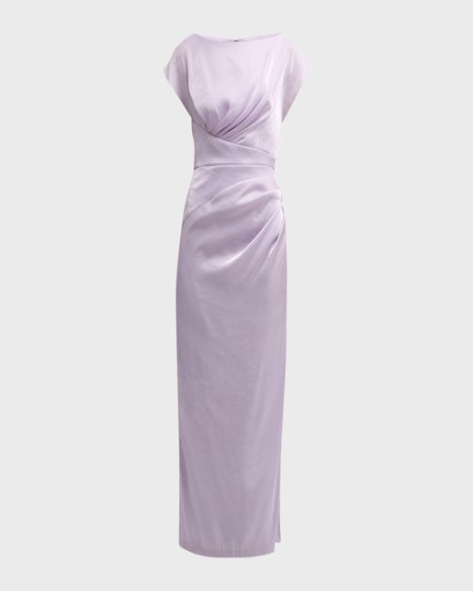 Lela Rose Purple Florence Draped Cap-Sleeve Slit Midi Dress
