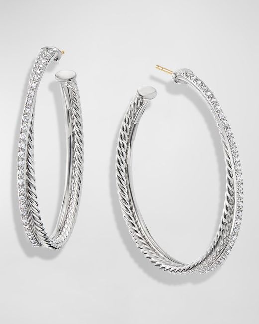 David Yurman White Dy Crossover Extra-large Hoop Earrings W/ Diamonds