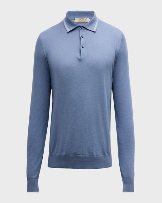 FIORONI CASHMERE Blue Cotton-Cashmere Long-Sleeve Polo Shirt for men