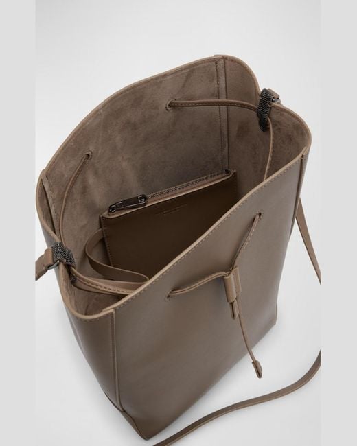 Brunello Cucinelli Gray Medium Drawstring Calfskin Bucket Bag