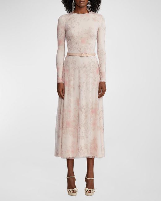 Ralph Lauren Collection Natural Painted Garden Long-Sleeve Tulle Midi Dress With Leather Belt