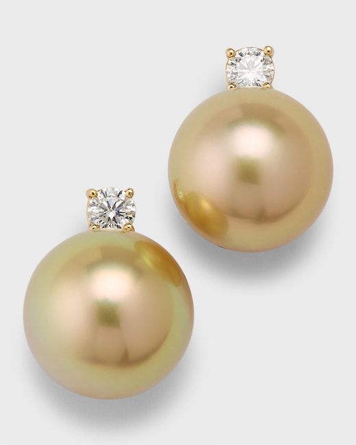 Belpearl Natural 18k Yellow Gold Pave Diamond And Golden South Sea Pearl Earrings