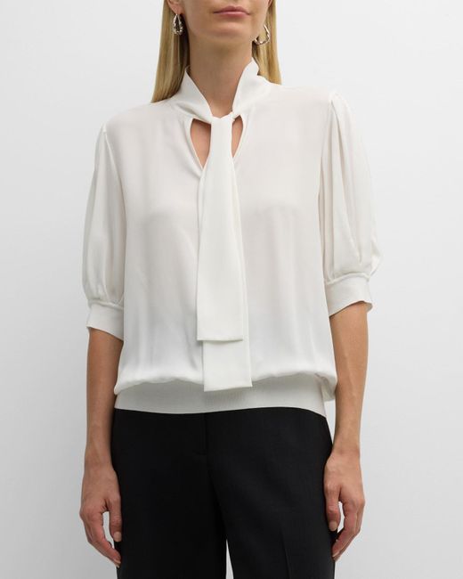 Lafayette 148 New York White Pleated Elbow-sleeve Tie-neck Blouse