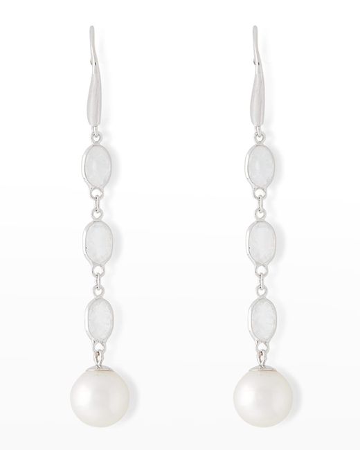 Pearls By Shari 18k White Gold Oval Moonstone And 8mm Akoya Pearl Drop Earrings