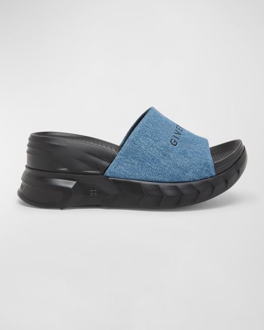 Givenchy Blue Marshmallow Denim Logo Wedge Slide Sandals