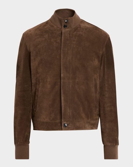 Zegna Brown Apos;S Suede Hidden-Zip Bomber Jacket for men