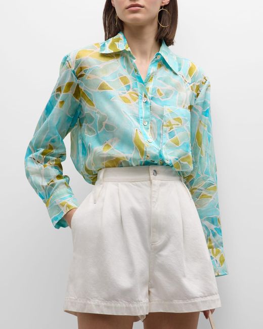 Finley Blue Andie Seaweed-Print Button-Down Cotton Shirt