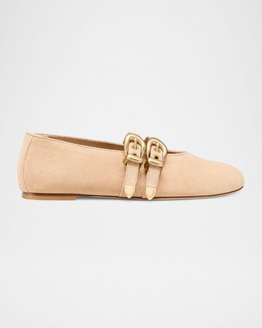 Stuart Weitzman Natural Maven Suede Buckle Mary Jane Ballerina Flats