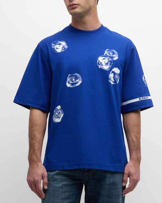 Burberry Blue Rose-Print T-Shirt With Logo Cuff for men