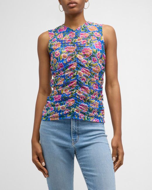 Veronica Beard Blue Tazmin Floral Ruched Top