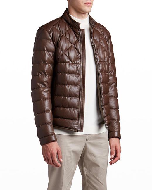 Moncler Brown Grenelle Leather Biker Jacket for men