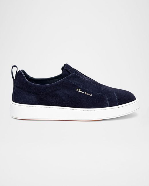 Santoni Men's Blue Apos;S Suede Low-Top Slip-On Sneakers